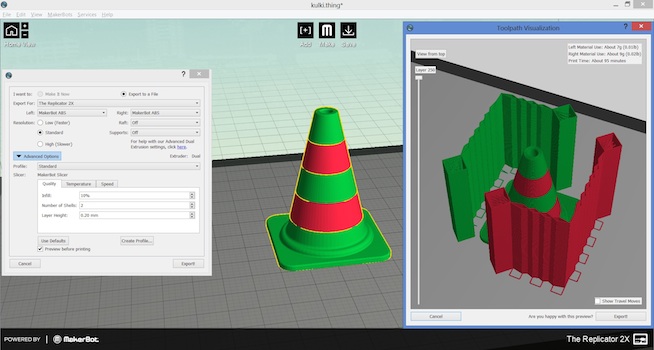 funkcja narożniki termincze w programie makerbot makerware